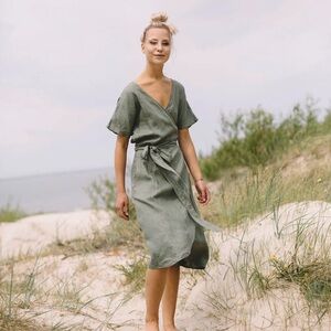 Linenfox Olive Green Wrap Dress